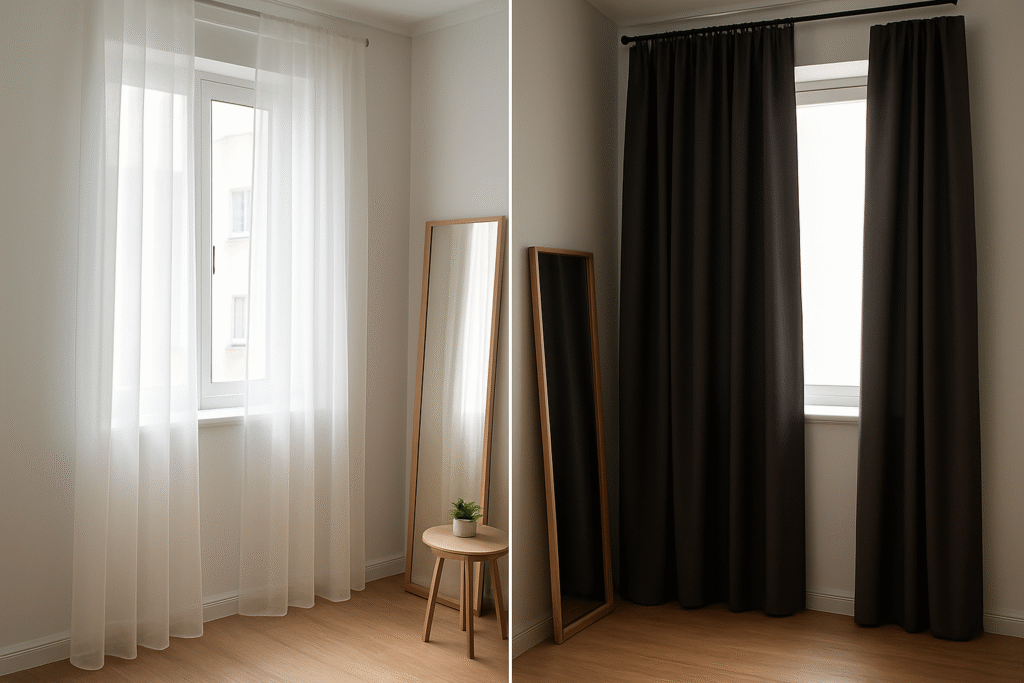 Small space décor hack with sheer curtains and wall mirrors for visual expansion.