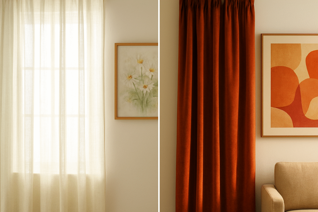 Seasonal curtain and wall décor swap: summer vs winter styles.