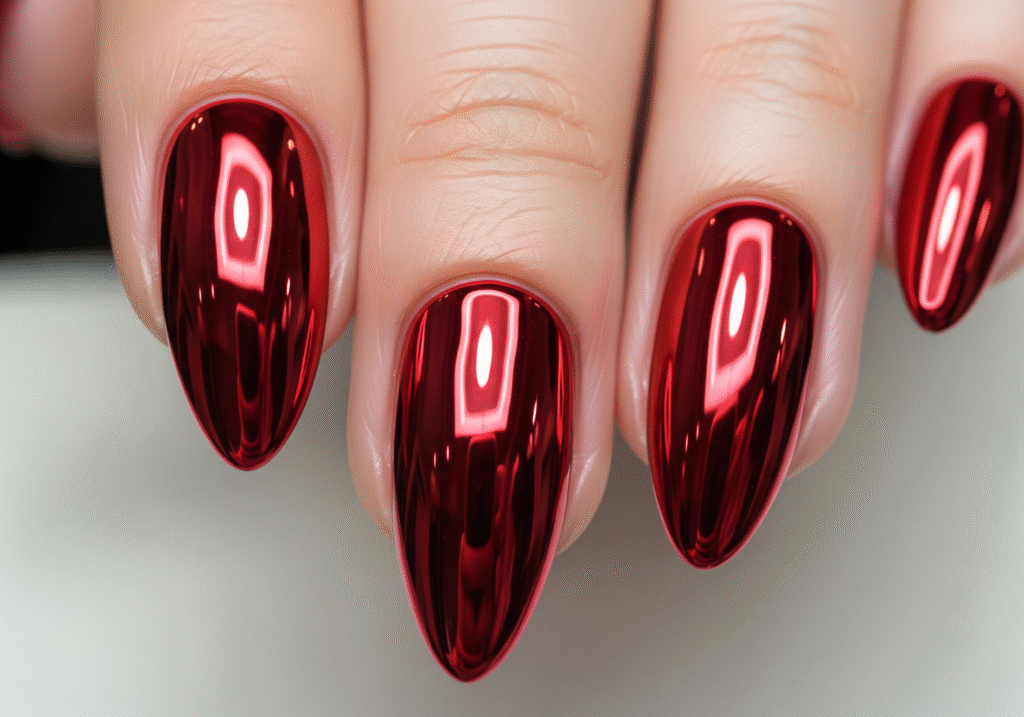 Red chrome nails with mirror-finish metallic surface.