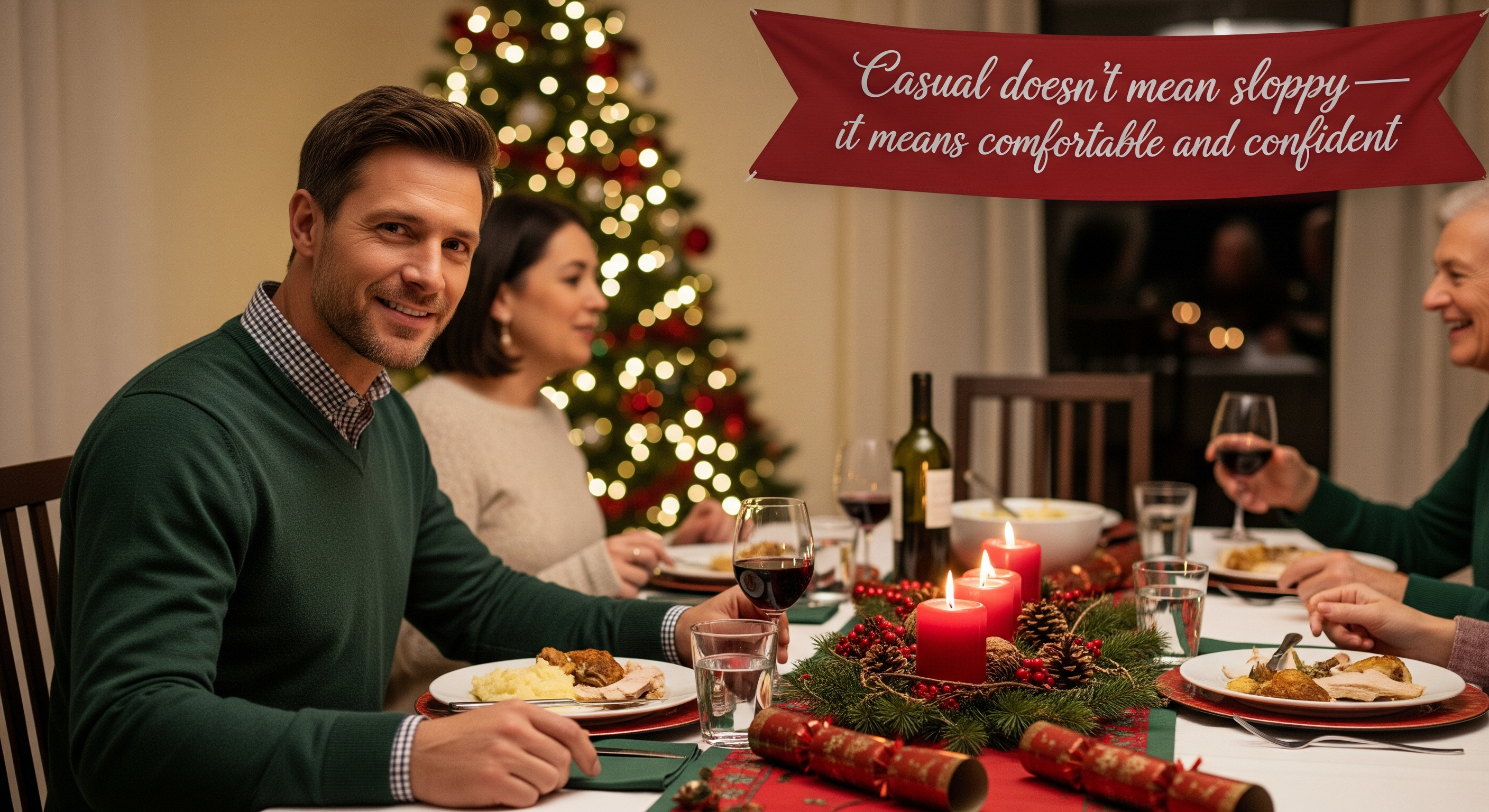 Man enjoying casual Christmas dinner with family