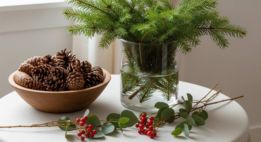 Natural Christmas greenery and pine cones display