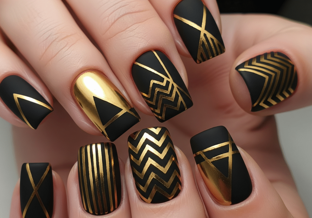 Black nails with gold geometric shapes.