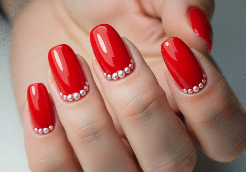 Red nails with pearl embellishments.