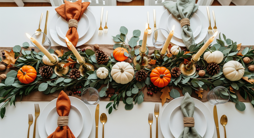 Overhead view of easy thanksgiving table setting with natural greenery runner, mini pumpkins, brass candles, and warm place settings