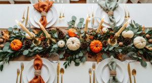 Overhead view of easy thanksgiving table setting with natural greenery runner, mini pumpkins, brass candles, and warm place settings