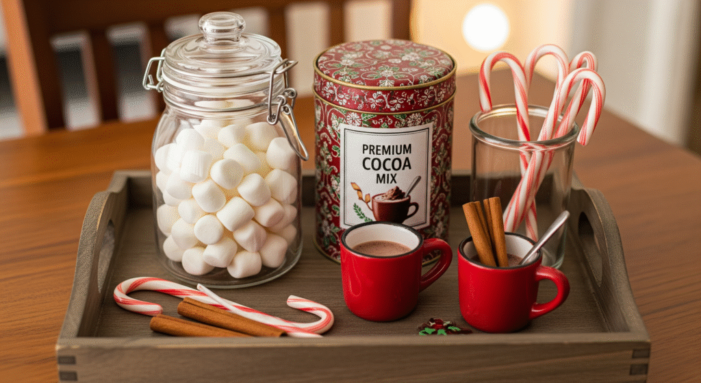 Mini hot cocoa station with festive mugs and treats