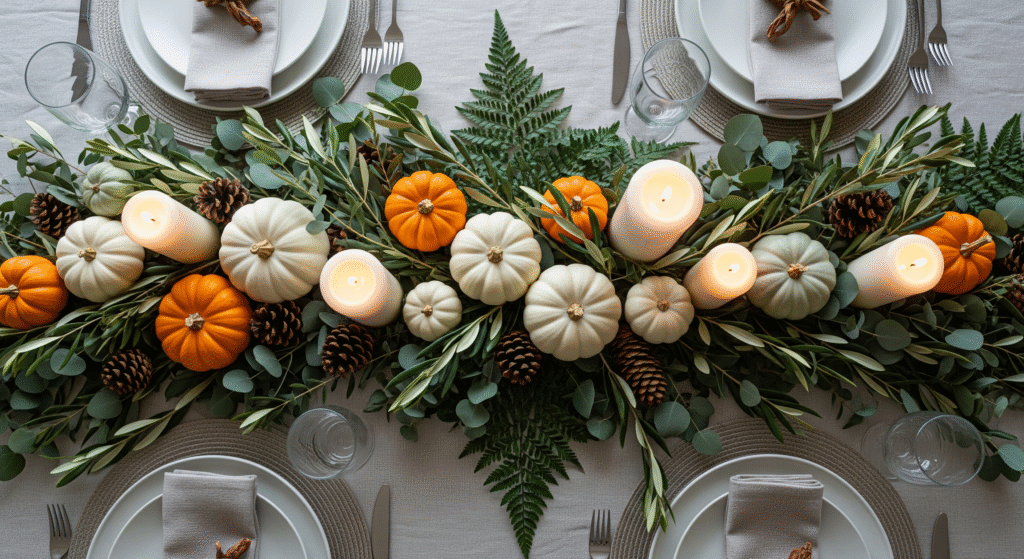 Natural greenery runner thanksgiving centerpiece with eucalyptus, fall leaves, mini pumpkins, pinecones and white pillar candles on neutral linen