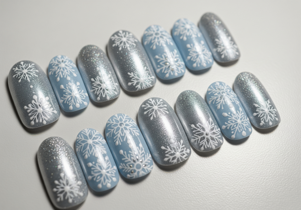 Icy blue base with white snowflakes and silver glitter.