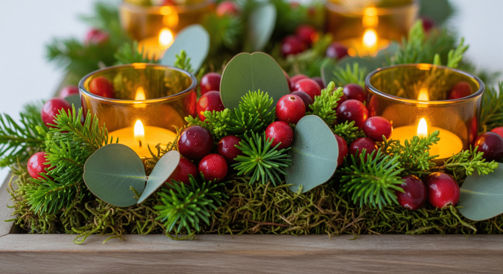 Low profile thanksgiving table decor with scattered cranberries, short greenery stems in bud vases, and tea lights on wooden tray