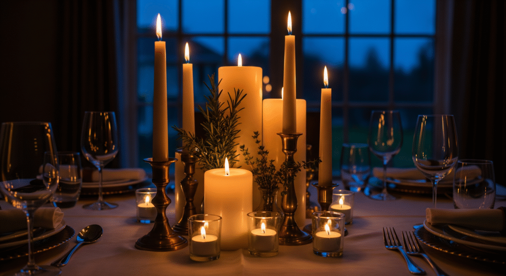 Candle cluster thanksgiving centerpiece featuring mixed height brass candlesticks, pillar candles, votives and fresh rosemary sprigs at dusk