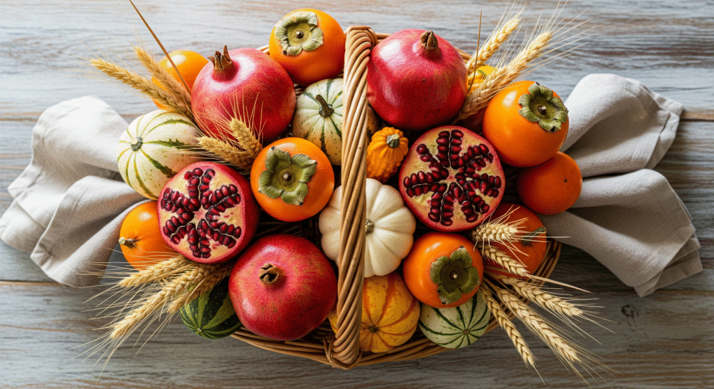 Rustic harvest basket thanksgiving centerpiece overflowing with pomegranates, persimmons, small pumpkins, wheat stalks and eucalyptus on wooden table
