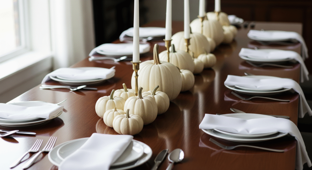 Minimal thanksgiving table decor ideas with white pumpkins, brass candlesticks, white taper candles and eucalyptus on neutral runner