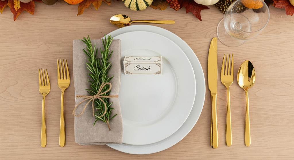 Thanksgiving place setting with folded napkin, rosemary sprig tied with twine, gold flatware, white plate and handwritten place card