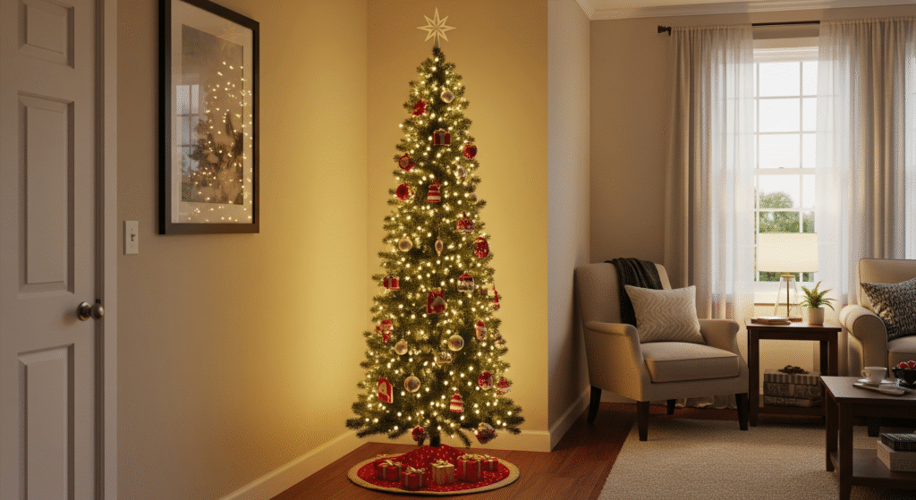 Slim Christmas tree in small living room corner