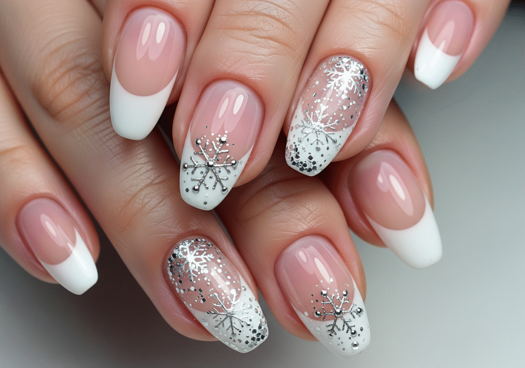 French manicure with white tips and silver snowflakes.