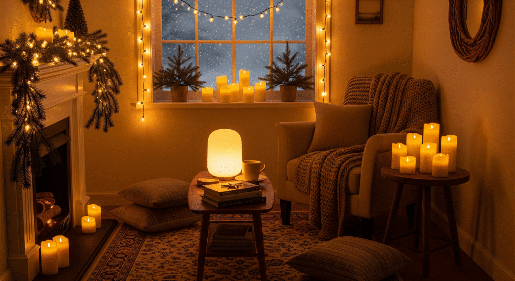 Small living room with layered Christmas lighting