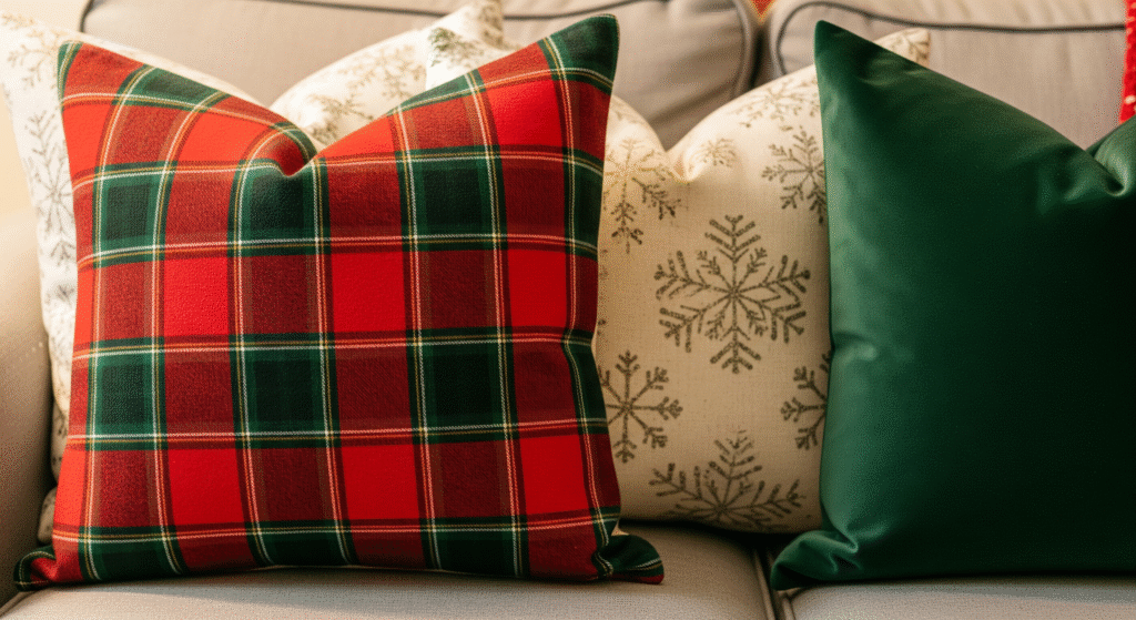 Festive Christmas throw pillows on cozy sofa