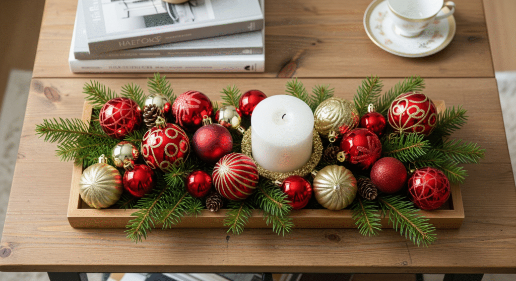 Christmas coffee table centerpiece with ornaments and candle
