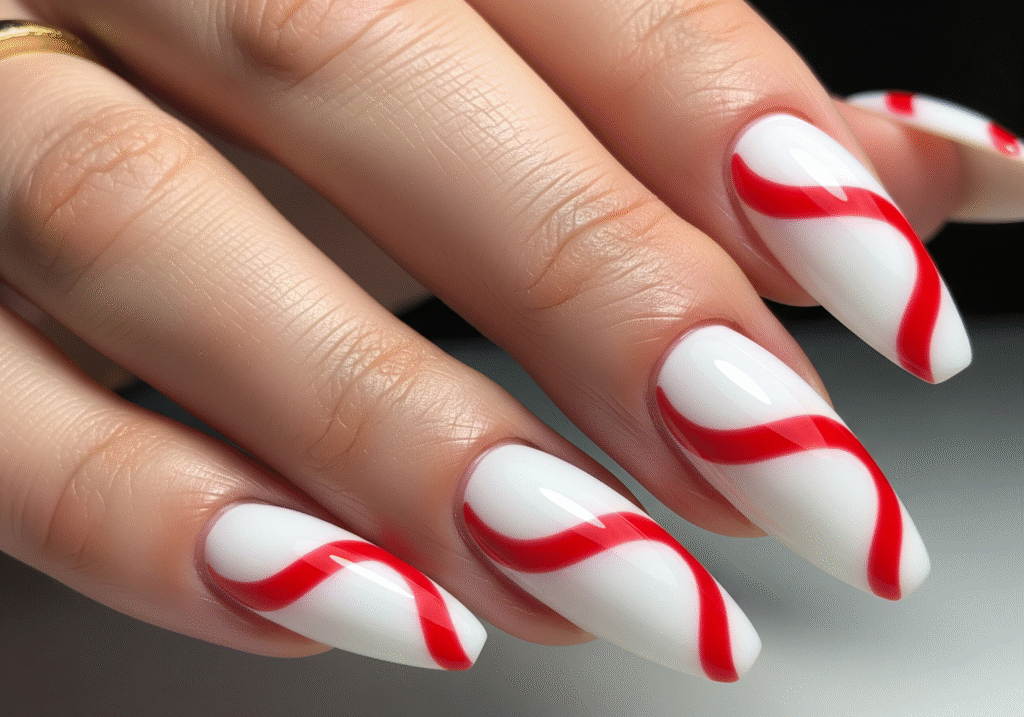 White base with red candy cane stripes, glossy finish.