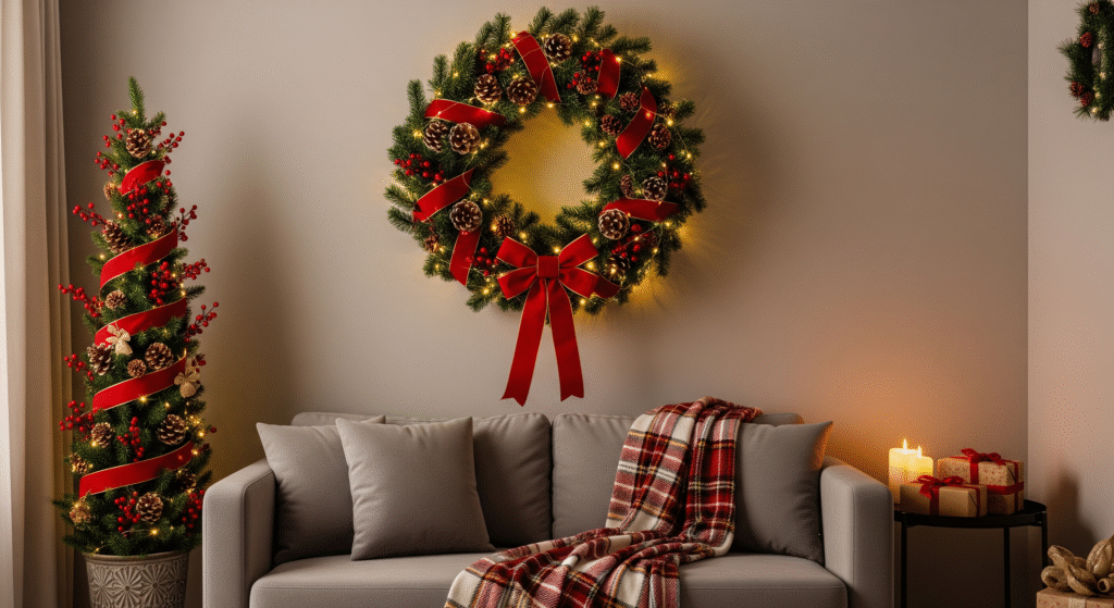 Christmas wreath and garland in small living room