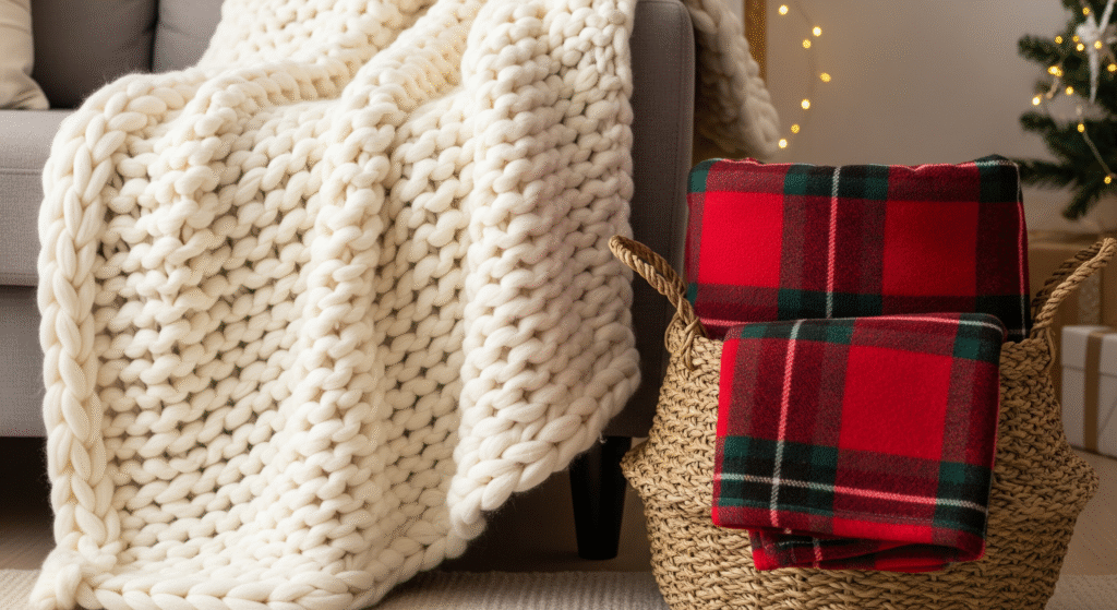 Cozy Christmas throw blankets on sofa and in basket