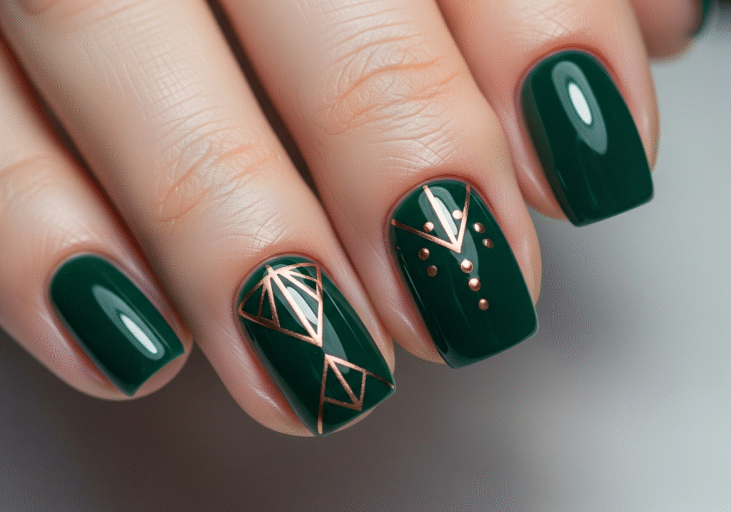 Emerald green nails with rose gold accents.
