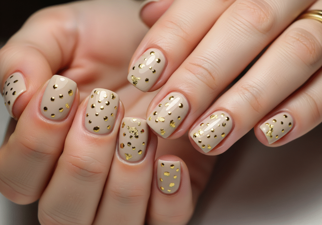 Beige nails with scattered gold dots.
