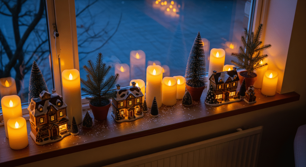 Window sill decorated with Christmas candles and village