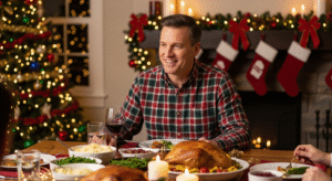 Man enjoying casual Christmas dinner with family
