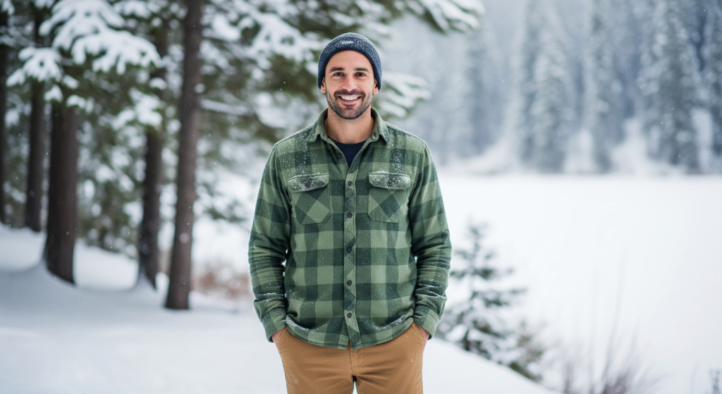 Man wearing green flannel in winter outdoor setting