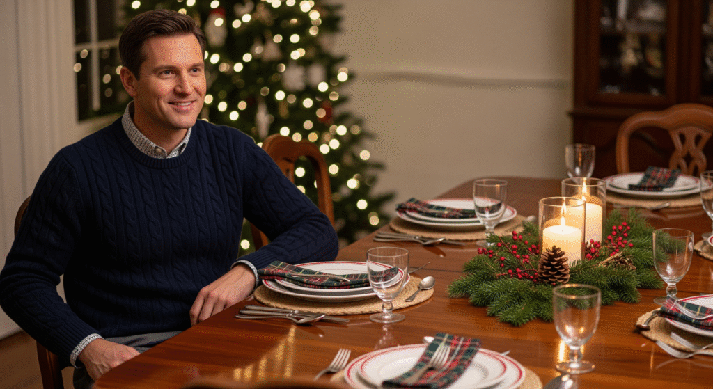 Man in navy sweater at Christmas dining table