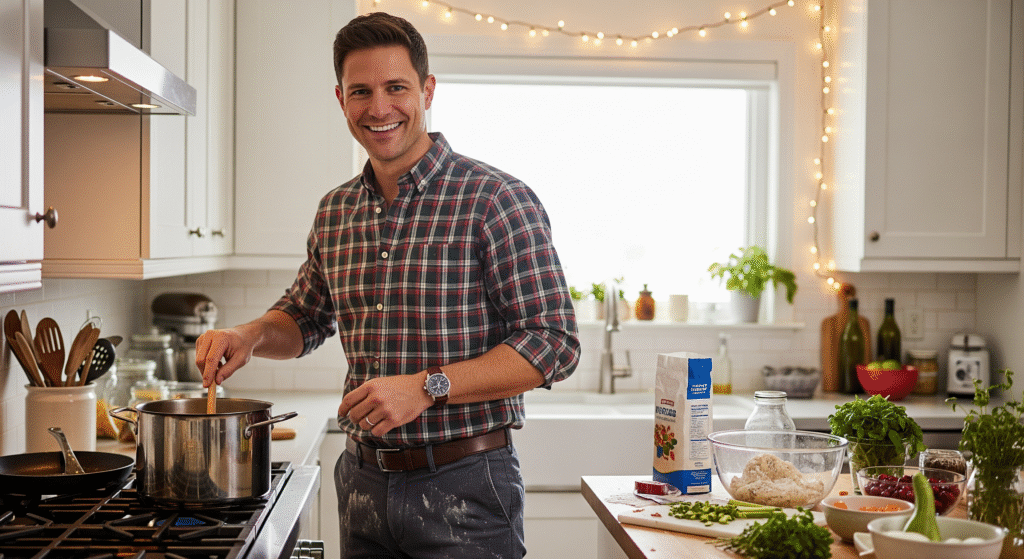 Man in plaid shirt during holiday kitchen cooking