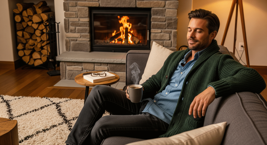 Man in shawl collar cardigan by cozy fireplace