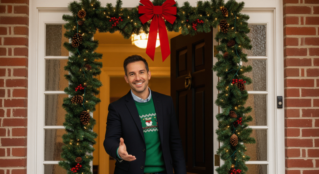 Man in casual blazer welcoming Christmas party guests