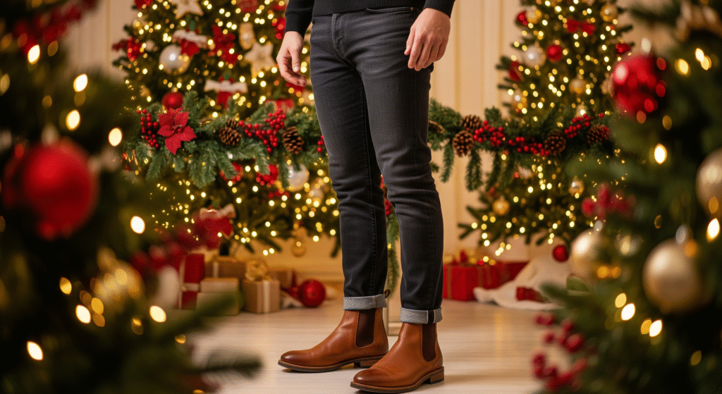 Man wearing brown Chelsea boots with dark jeans