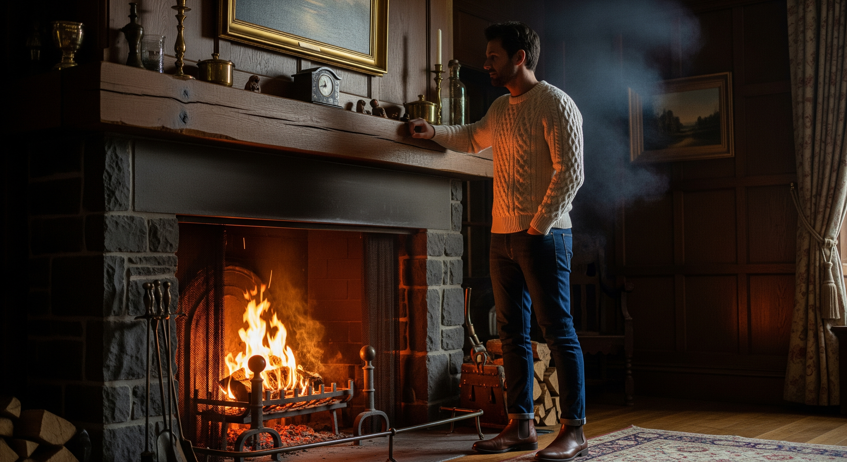 Man in cream cable knit sweater by fireplace