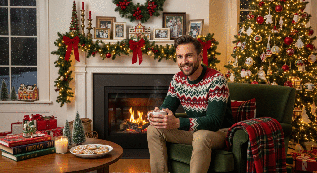 Man wearing Fair Isle sweater in living room