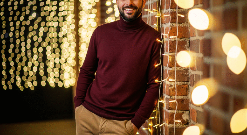 Man in burgundy turtleneck near Christmas lights