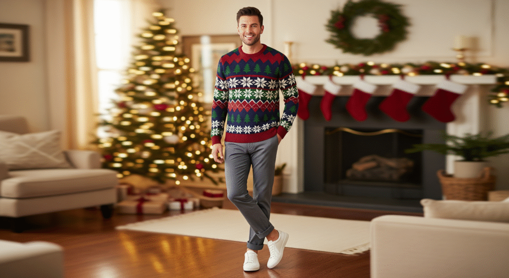 Man wearing subtle holiday patterned Christmas sweater