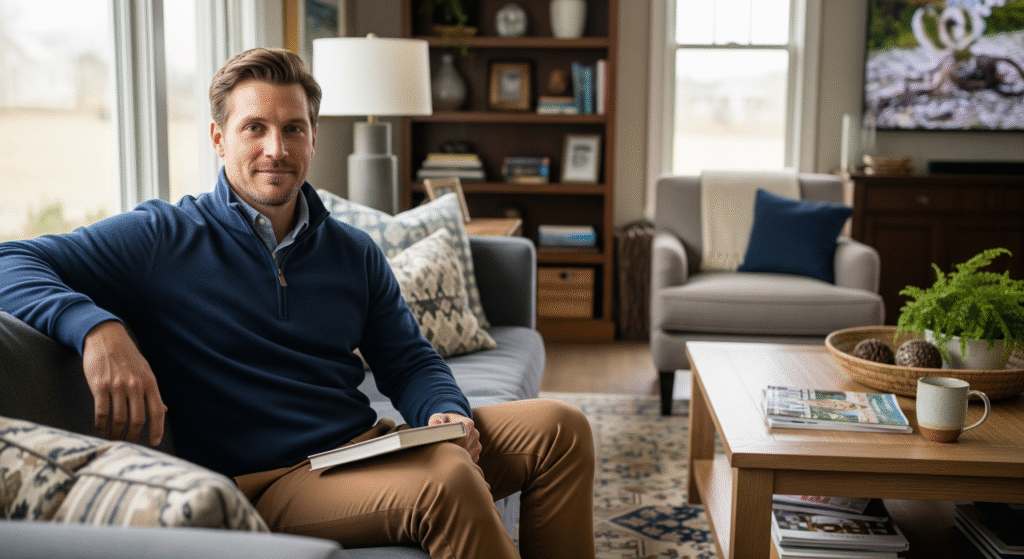 Man in navy quarter-zip pullover at home