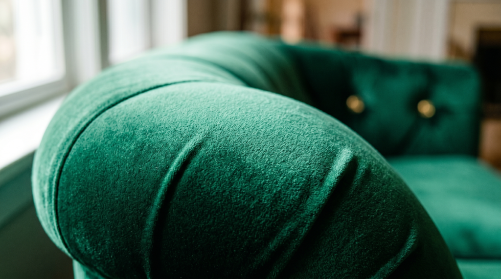 Velvet sofa in jewel tone — close-up of pile texture catching light